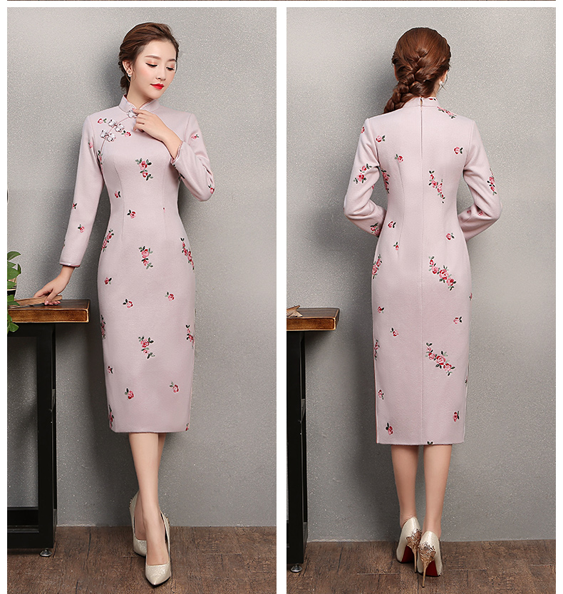 淡粉繡小花旗袍，粉嫩清純旗袍裙