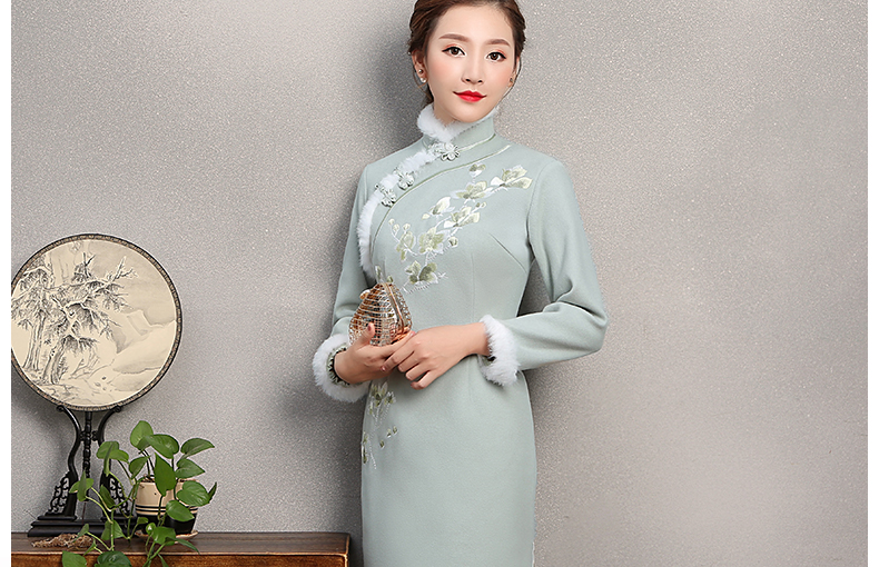碧綠色繡花旗袍，素淡文藝旗袍裙
