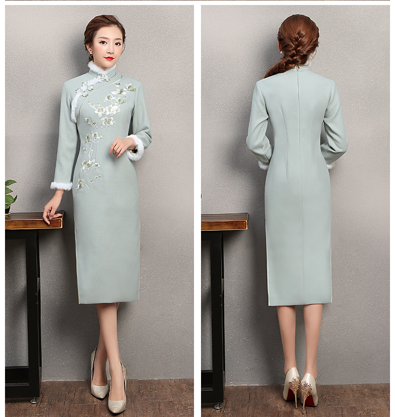 碧綠色繡花旗袍，素淡文藝旗袍裙