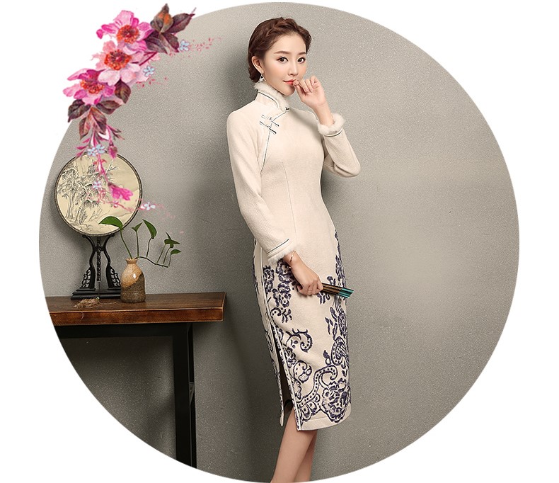 青花瓷素雅旗袍，別致兔毛立領(lǐng)旗袍裙