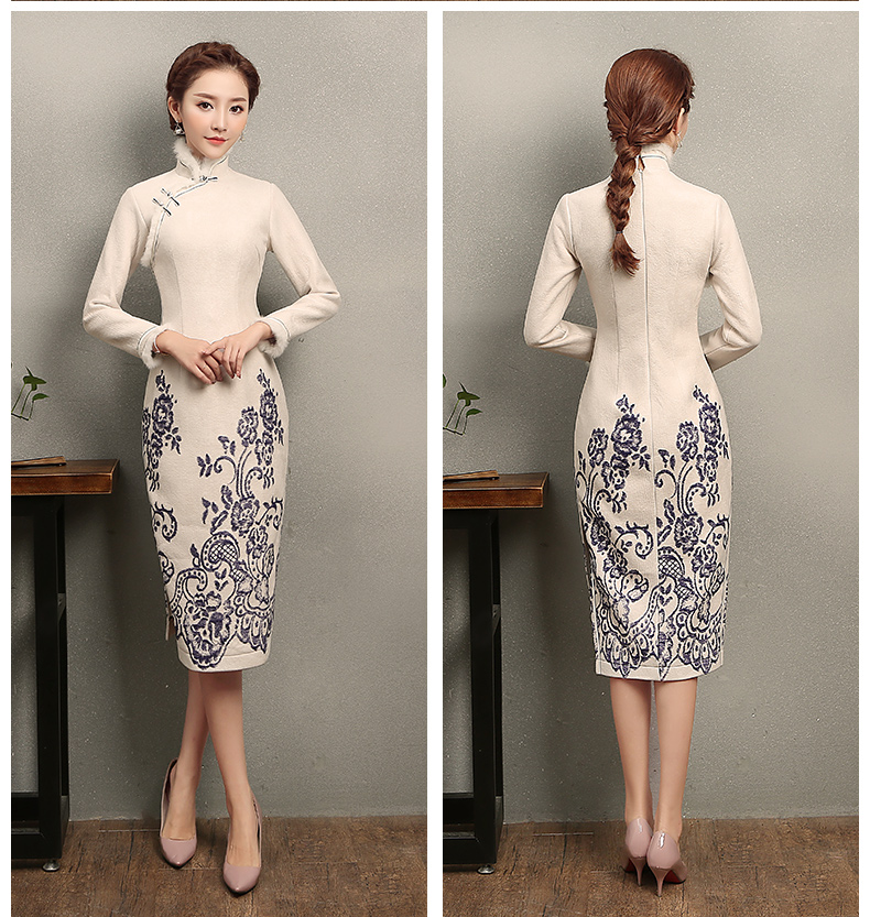 青花瓷素雅旗袍，別致兔毛立領(lǐng)旗袍裙