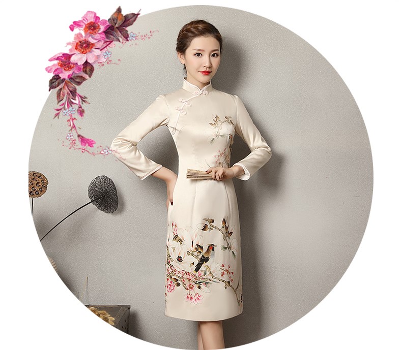 淺杏色樂鵲旗袍，清新復古旗袍裙