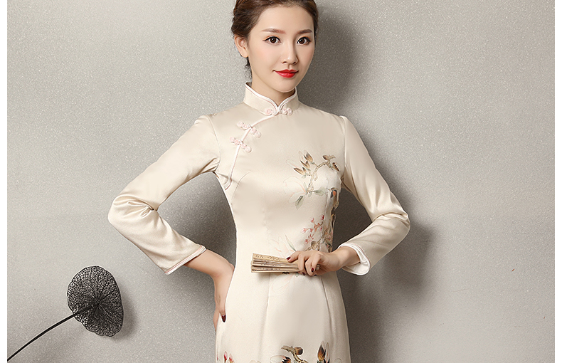淺杏色樂鵲旗袍，清新復古旗袍裙
