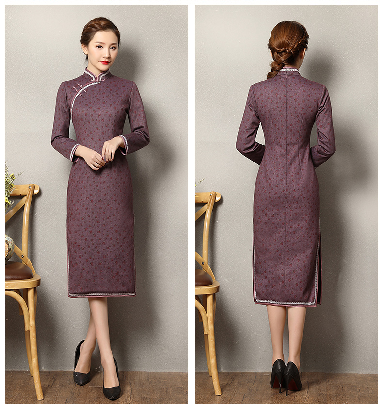 灰紫色雅玉旗袍，復古暗紅色小花旗袍裙