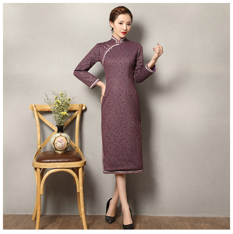 灰紫色雅玉旗袍，復古暗紅色小花旗袍裙