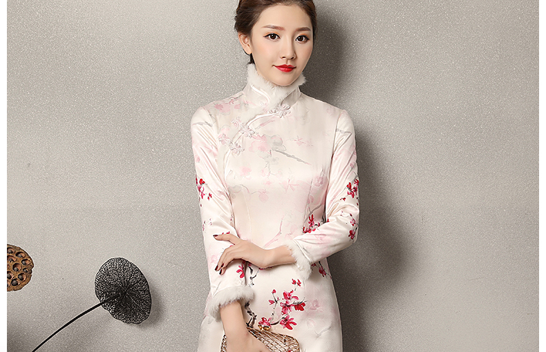 素雅紅雪水墨旗袍，復古梅花旗袍裙