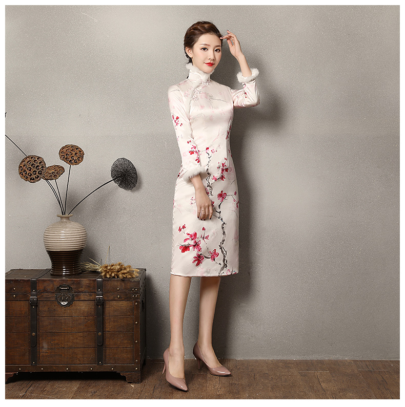 素雅紅雪水墨旗袍，復古梅花旗袍裙