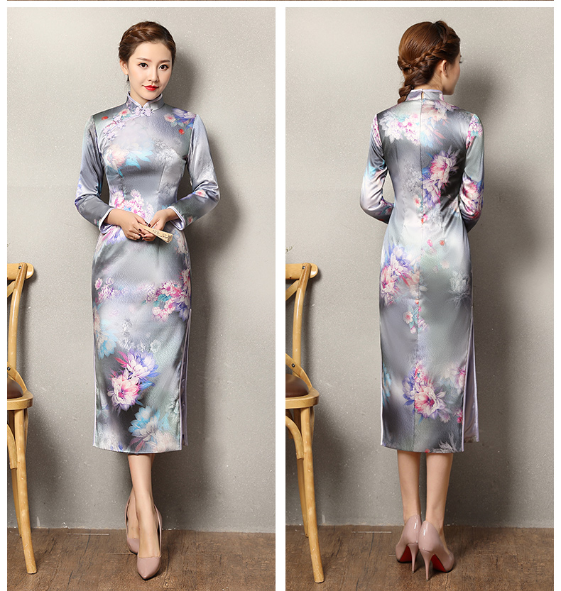 藍(lán)色提花孔雀旗袍，復(fù)古花域旗袍裙