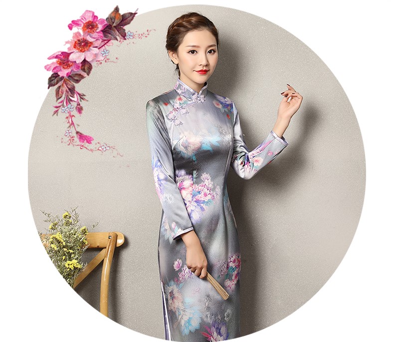 藍(lán)色提花孔雀旗袍，復(fù)古花域旗袍裙