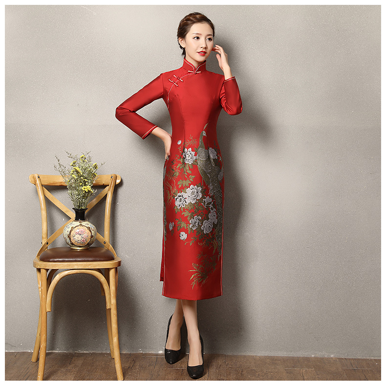 牡丹孔雀紅色旗袍，復(fù)古火鳳旗袍裙