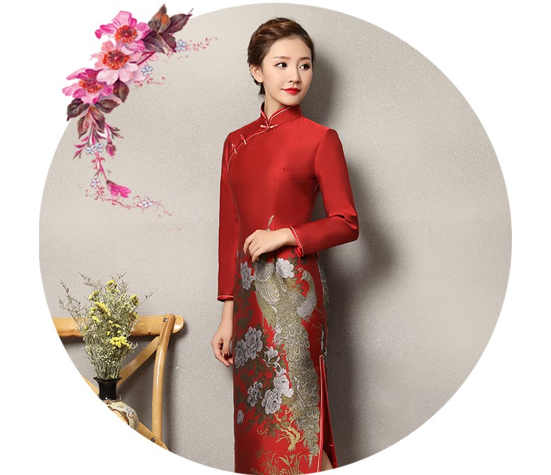 牡丹孔雀紅色旗袍，復(fù)古火鳳旗袍裙