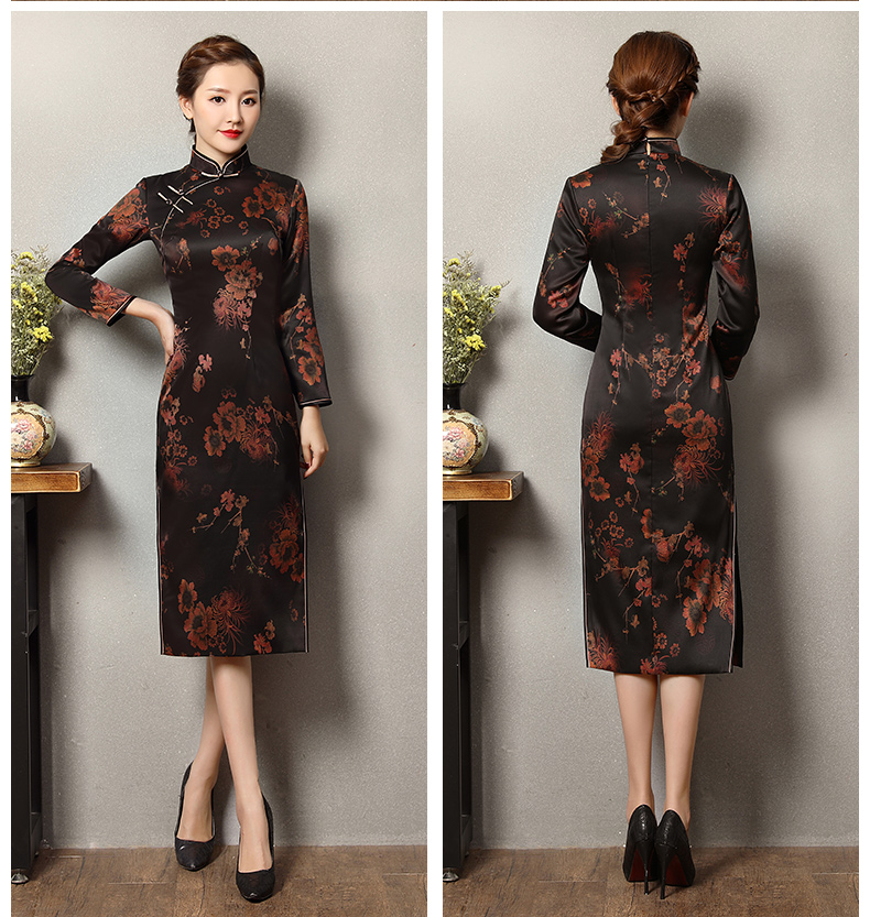 深色印暗紅花旗袍，優(yōu)雅韻放旗袍裙