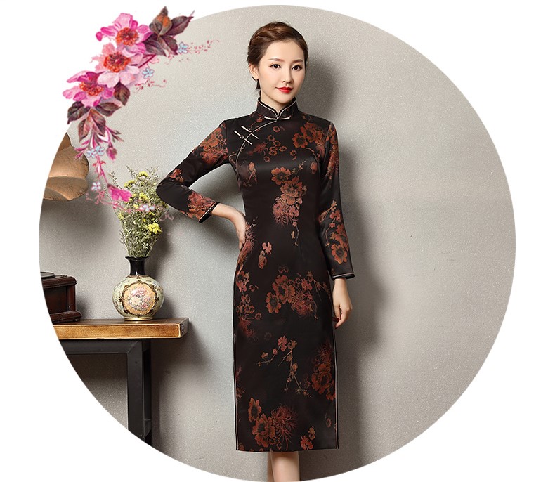 深色印暗紅花旗袍，優(yōu)雅韻放旗袍裙