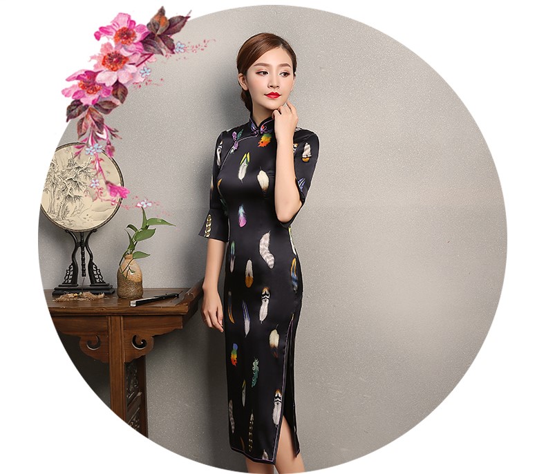 黑色香羽旗袍，蠶絲中袖旗袍裙