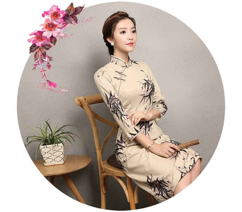 杏色墨竹旗袍，時(shí)尚家佳樂文學(xué)旗袍裙