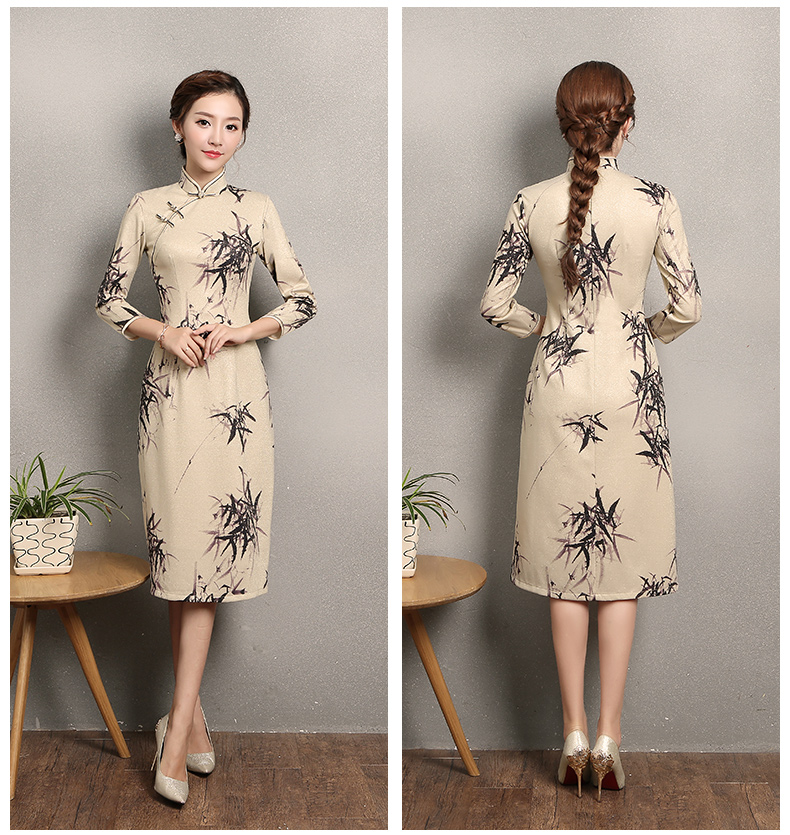 杏色墨竹旗袍，時(shí)尚家佳樂文學(xué)旗袍裙