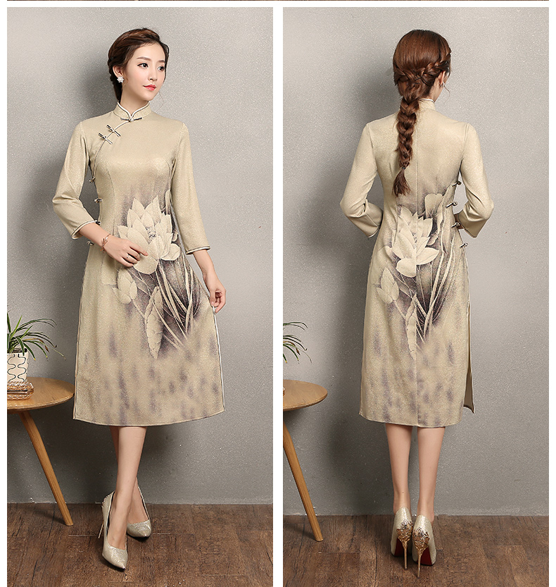 黃色金荷旗袍，時尚家佳樂文學(xué)旗袍裙