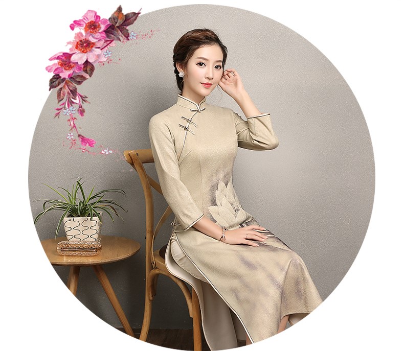 黃色金荷旗袍，時尚家佳樂文學(xué)旗袍裙