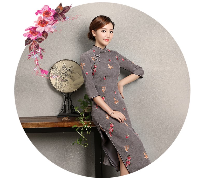 藍(lán)灰色蝴蝶旗袍，優(yōu)雅復(fù)古旗袍裙