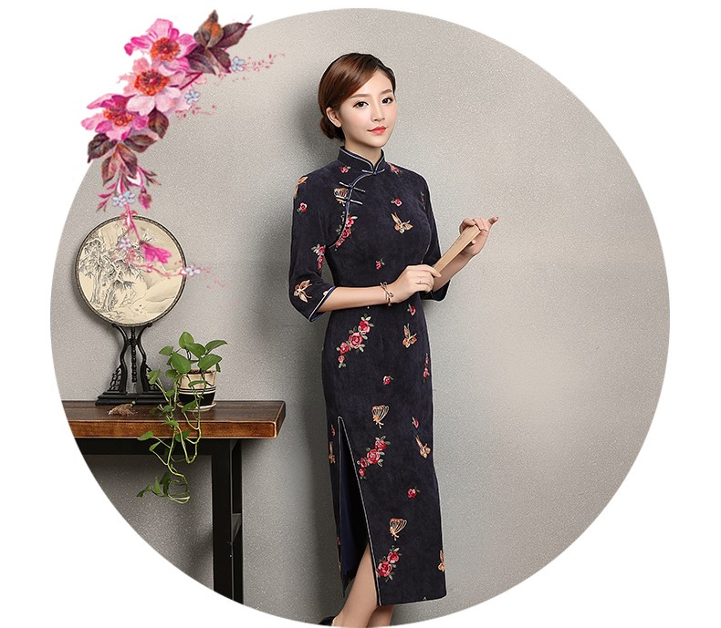 藍(lán)灰色蝴蝶旗袍，優(yōu)雅復(fù)古旗袍裙