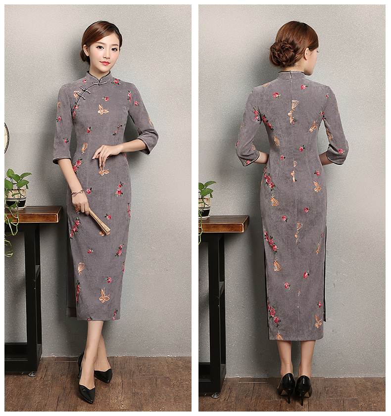 藍(lán)灰色蝴蝶旗袍，優(yōu)雅復(fù)古旗袍裙