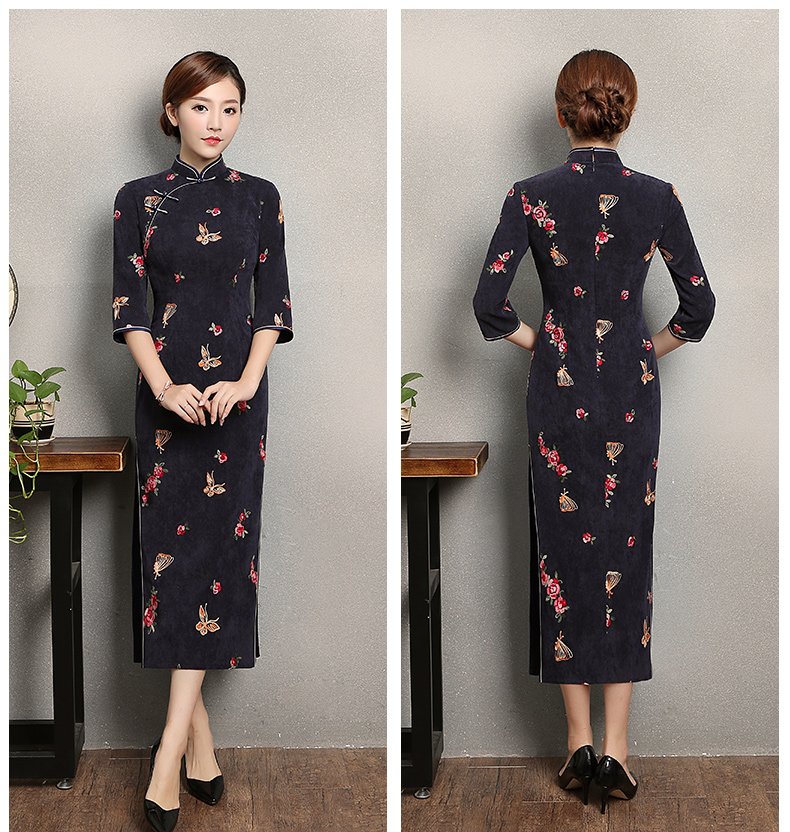 藍(lán)灰色蝴蝶旗袍，優(yōu)雅復(fù)古旗袍裙