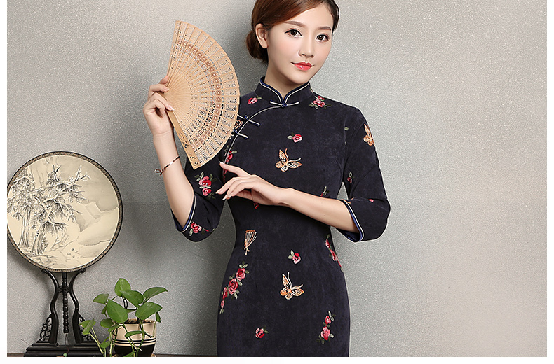 藍(lán)灰色蝴蝶旗袍，優(yōu)雅復(fù)古旗袍裙