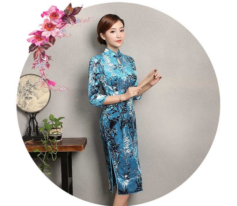 藍色印花郁蘭旗袍，優(yōu)雅復(fù)古旗袍裙