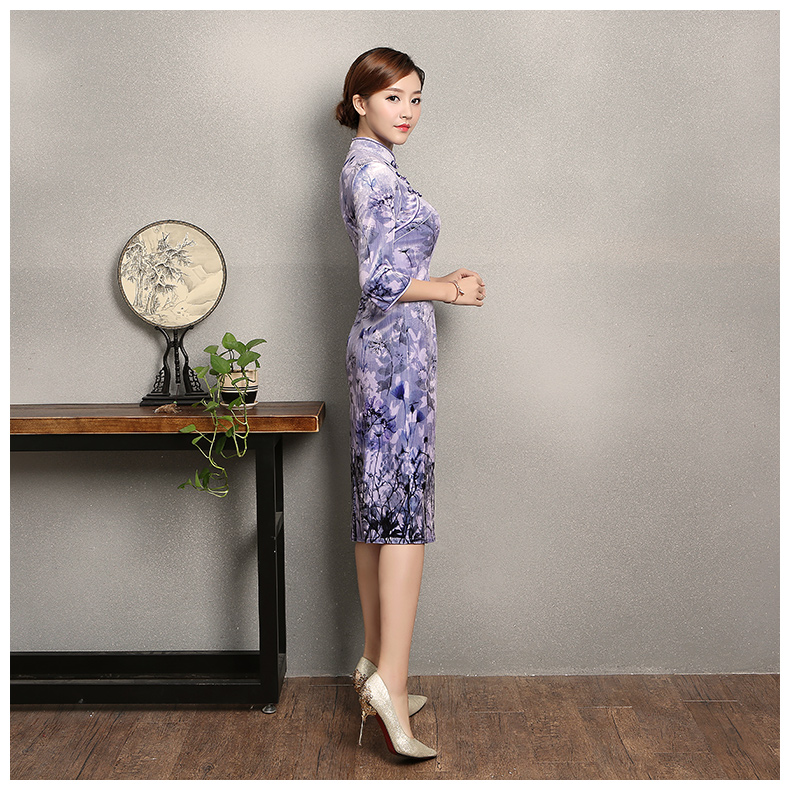 淡紫色印花旗袍，高貴典雅旗袍裙