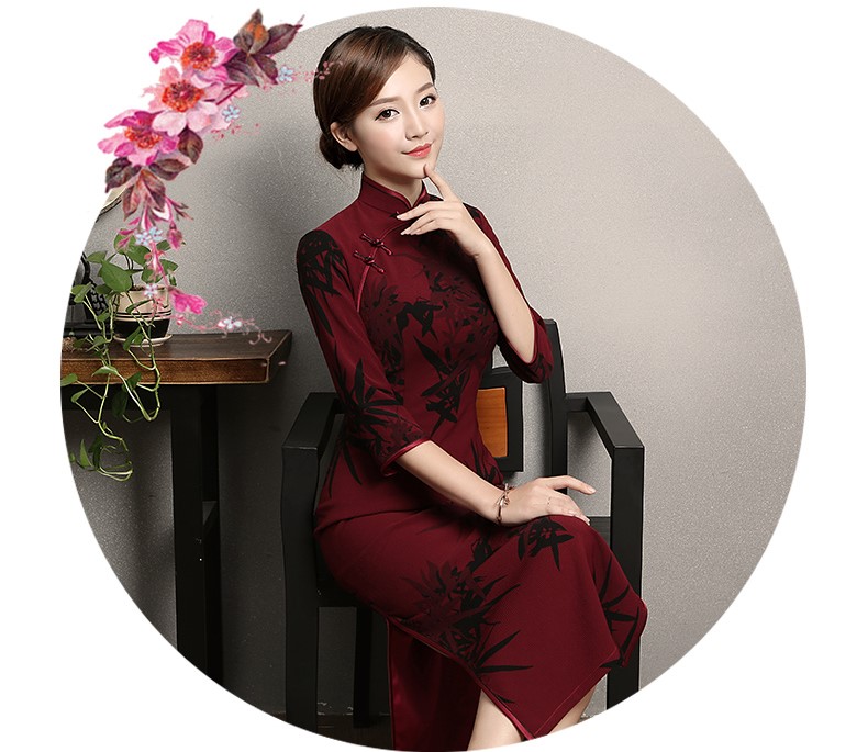 暗紅色竹香旗袍，古典中袖旗袍裙