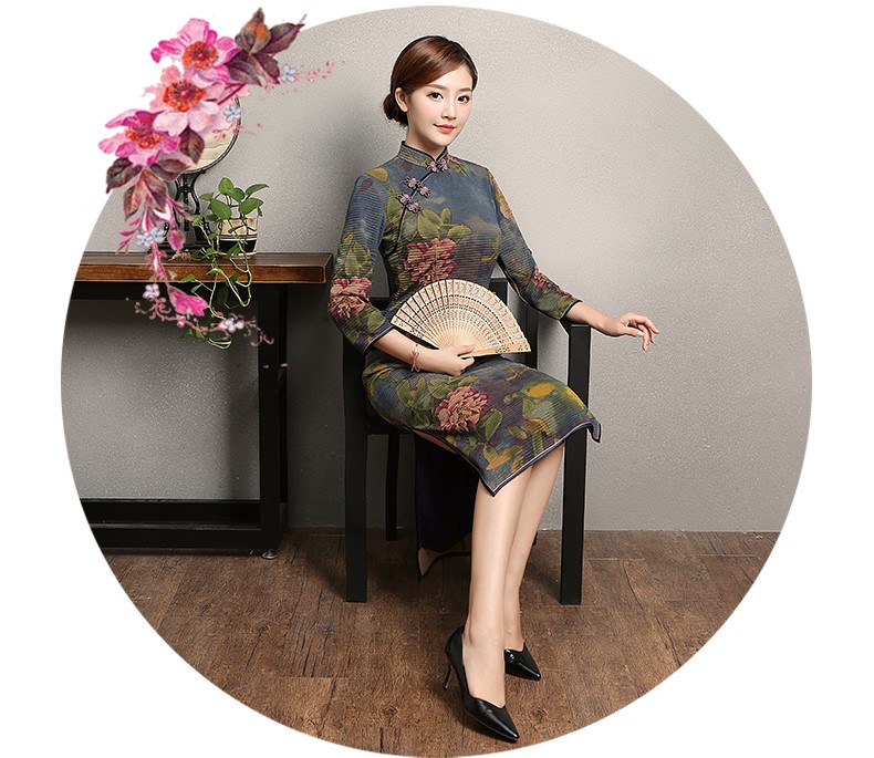 牡丹花色旗袍，古典中袖旗袍裙