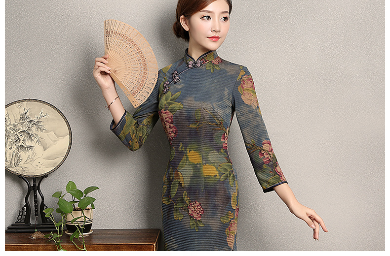 牡丹花色旗袍，古典中袖旗袍裙