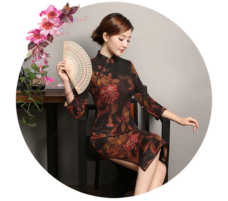 牡丹花色旗袍，古典中袖旗袍裙