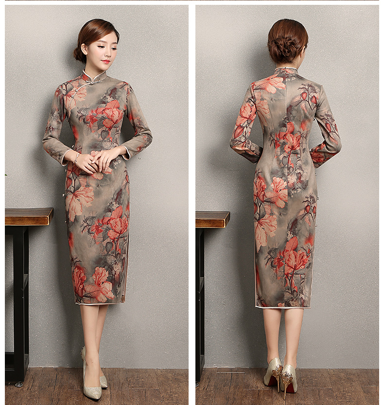 復(fù)古風(fēng)紅旦旗袍，中式紅花朵旗袍裙