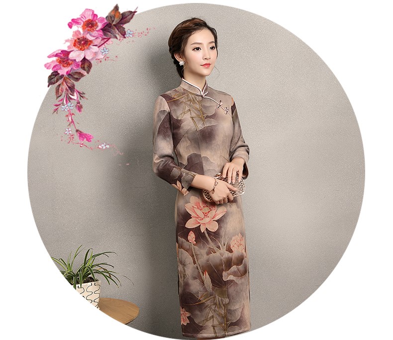 粉荷印花旗袍，家佳樂(lè)文學(xué)復(fù)古旗袍裙