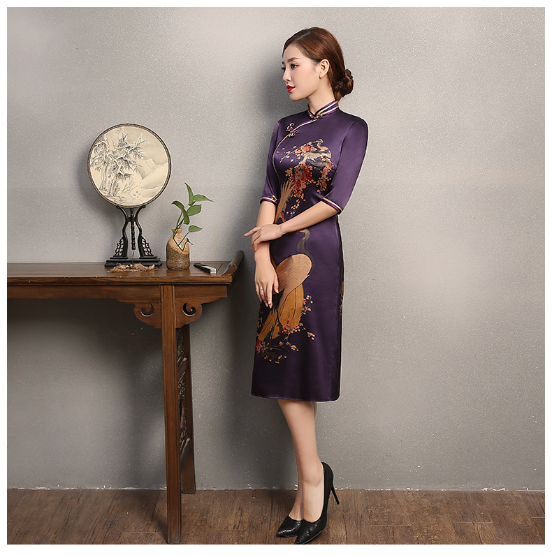鶴舞紫色旗袍，家佳樂文學復古旗袍裙