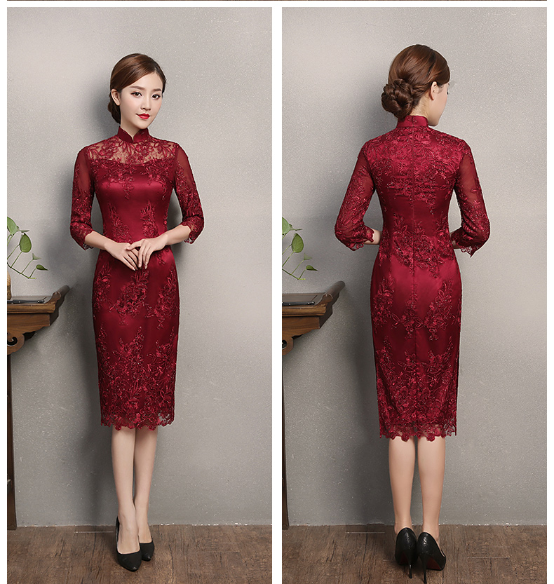 紅色蕾絲旗袍，復(fù)古刺繡旗袍裙