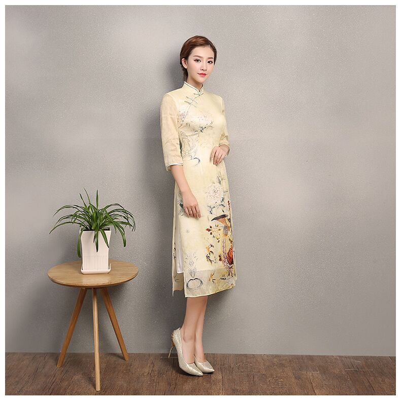 淡黃色靈鳳旗袍，奧黛改良旗袍裙