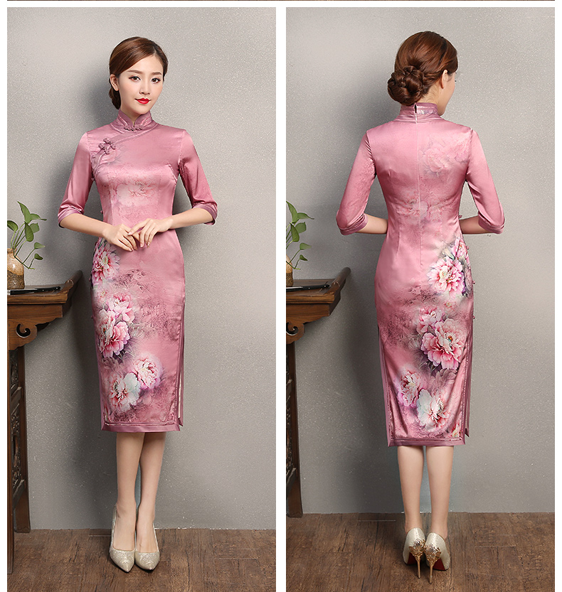 粉色墨畫(huà)旗袍，中袖真絲旗袍裙