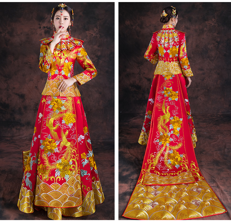 紅色長款拖尾中式禮服，精美刺繡新娘結(jié)婚禮服
