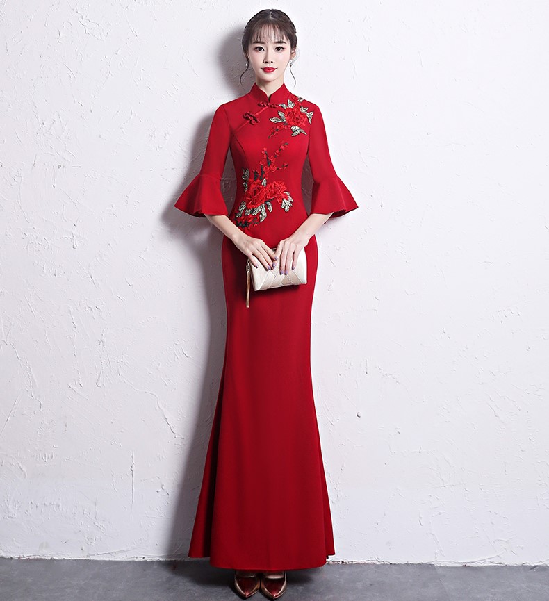 時尚復古中式禮服，喇叭袖晚禮服