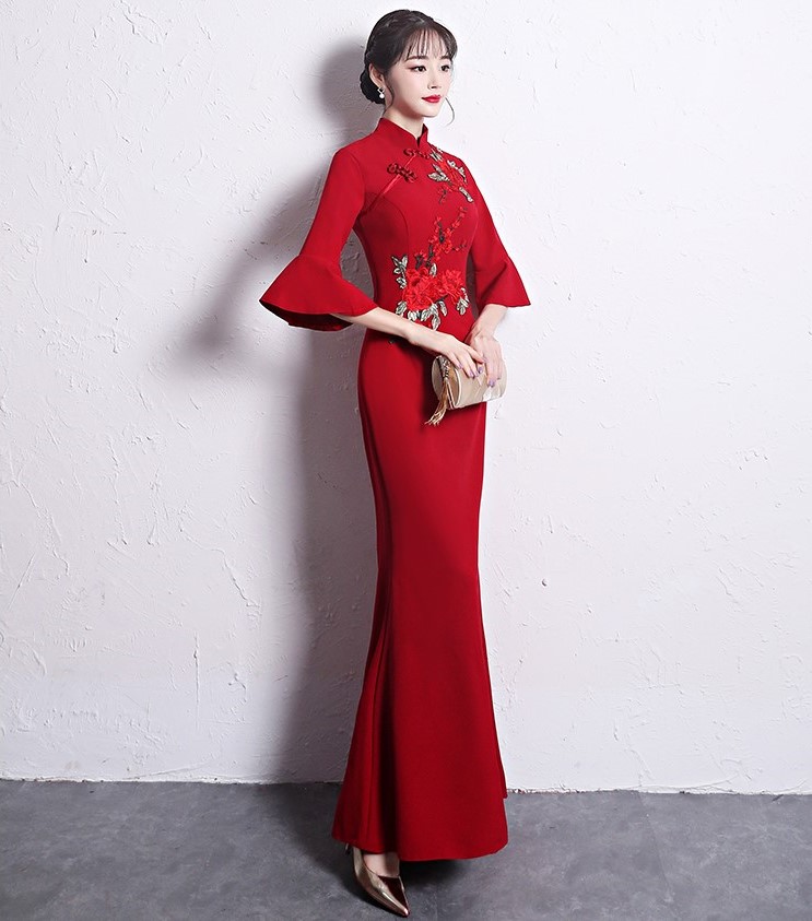 時尚復古中式禮服，喇叭袖晚禮服