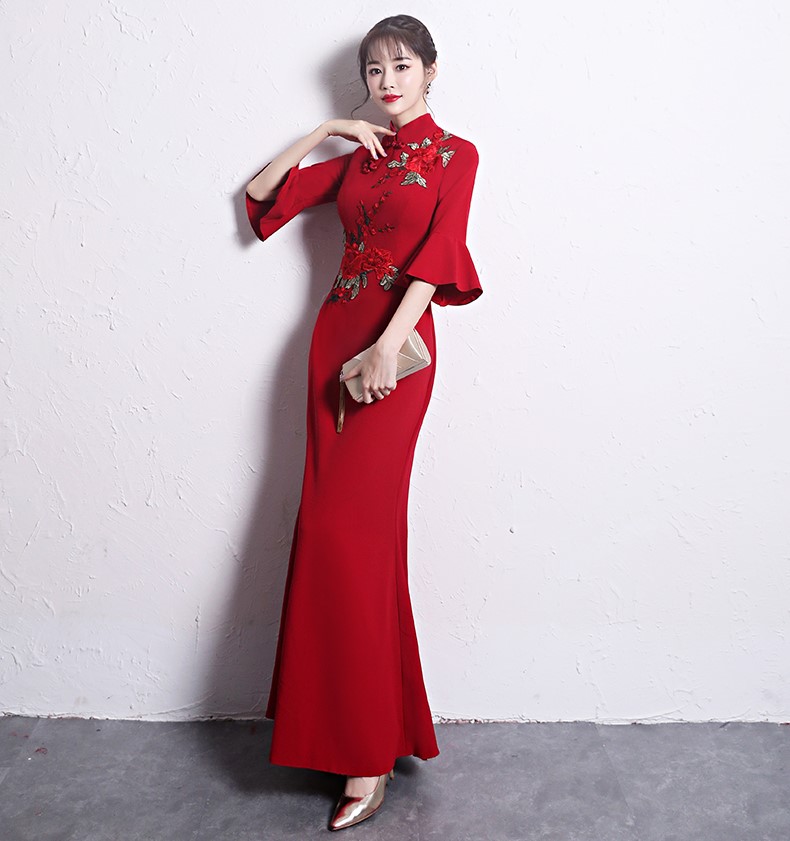 時尚復古中式禮服，喇叭袖晚禮服