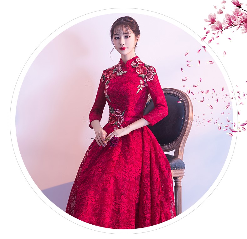 古典蕾絲中式禮服，優(yōu)雅花朵晚禮服