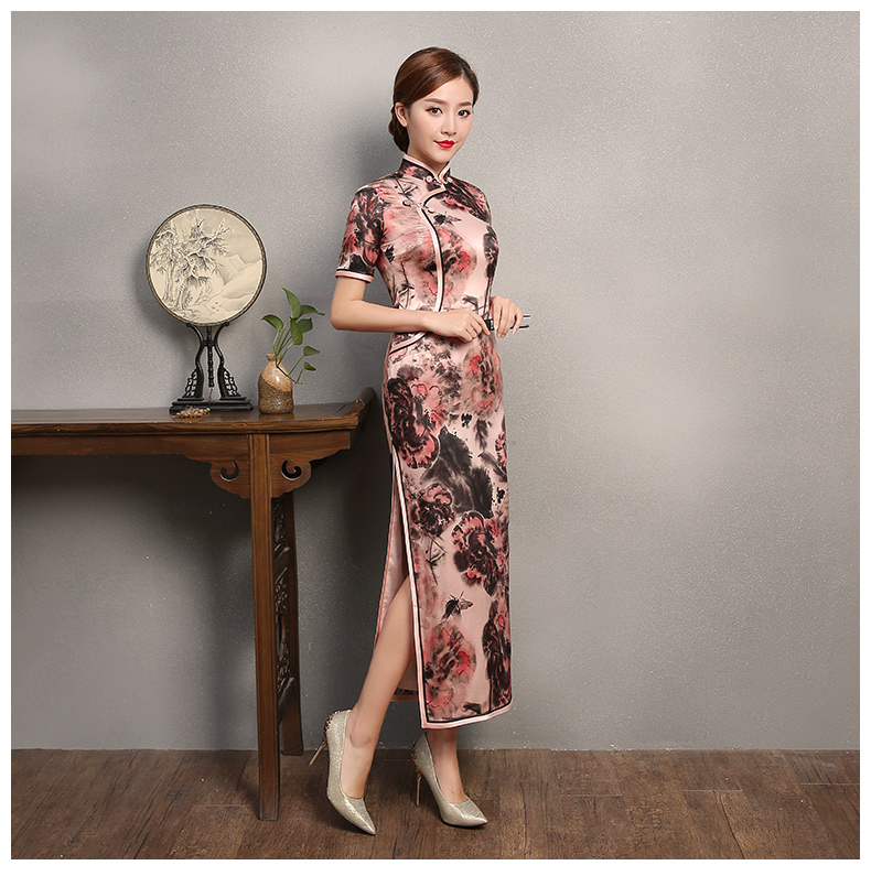 秋鴻印花旗袍，真絲中袖旗袍裙