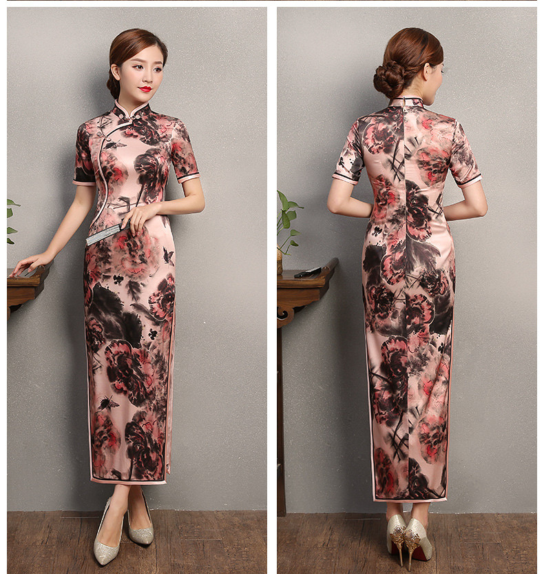 秋鴻印花旗袍，真絲中袖旗袍裙