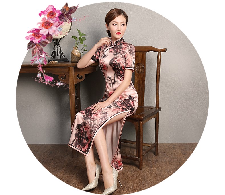 秋鴻印花旗袍，真絲中袖旗袍裙