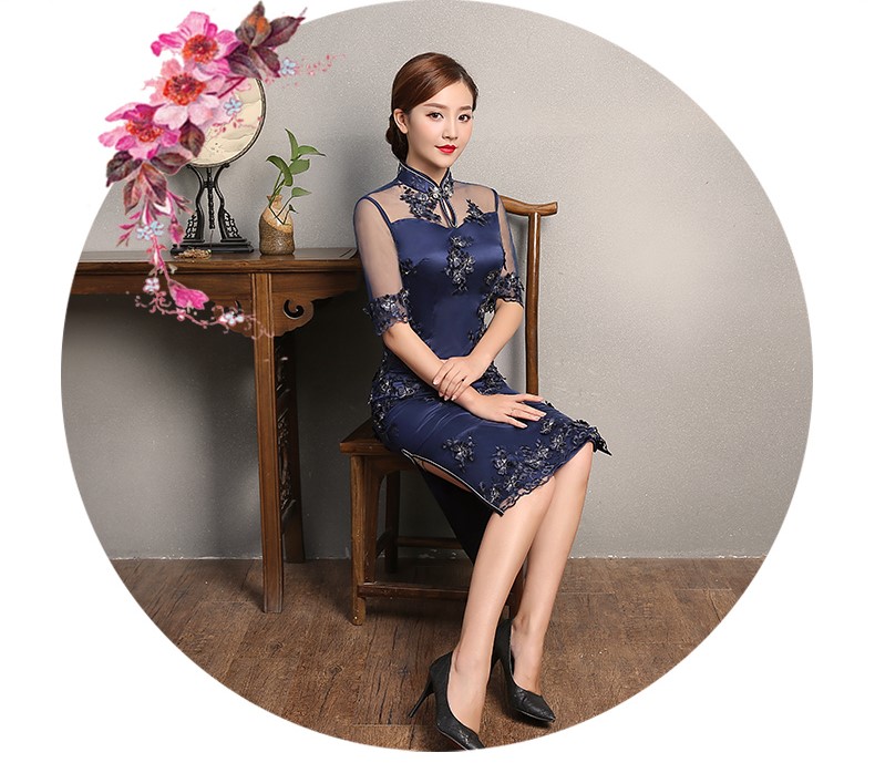 藍(lán)色薔薇繡花旗袍，復(fù)古蕾絲旗袍裙