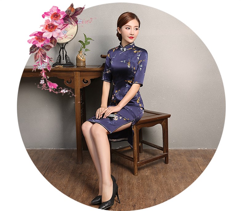 藍(lán)紫色印花旗袍，復(fù)古中袖旗袍裙