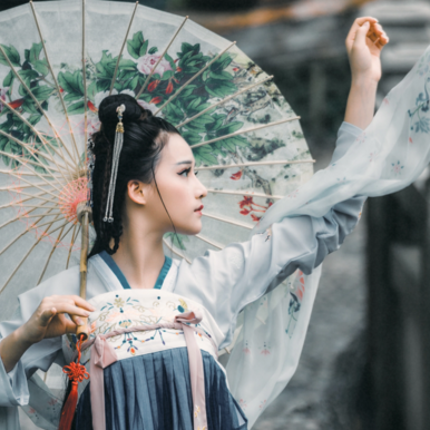 兩組齊胸襦裙?jié)h服女子頭像，唯美古風真人頭像